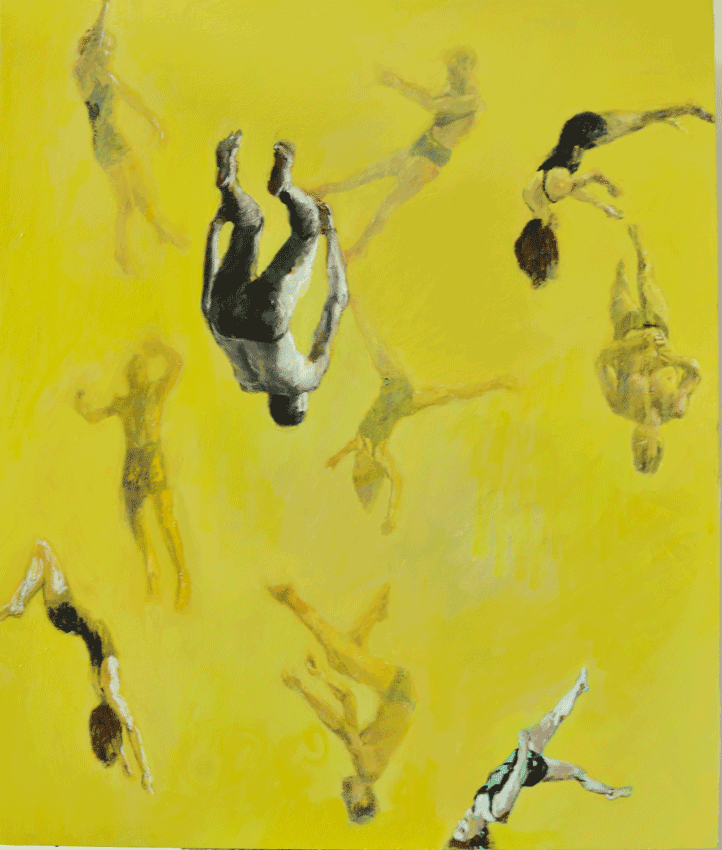 Painting of circus artists in an empty yellow universe